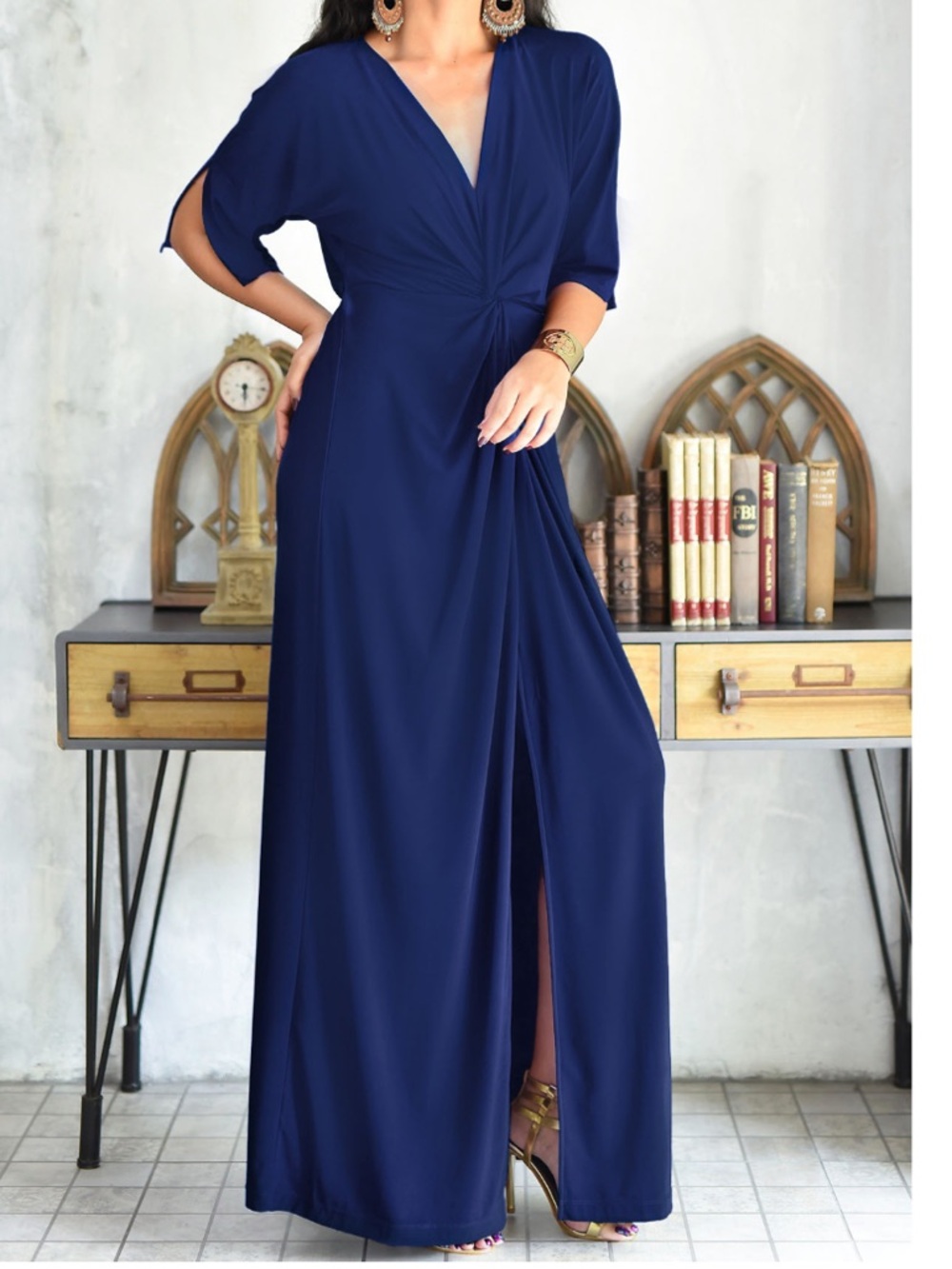 By KohKoh Navy Twist-Front Maxi Dress with Front Slit